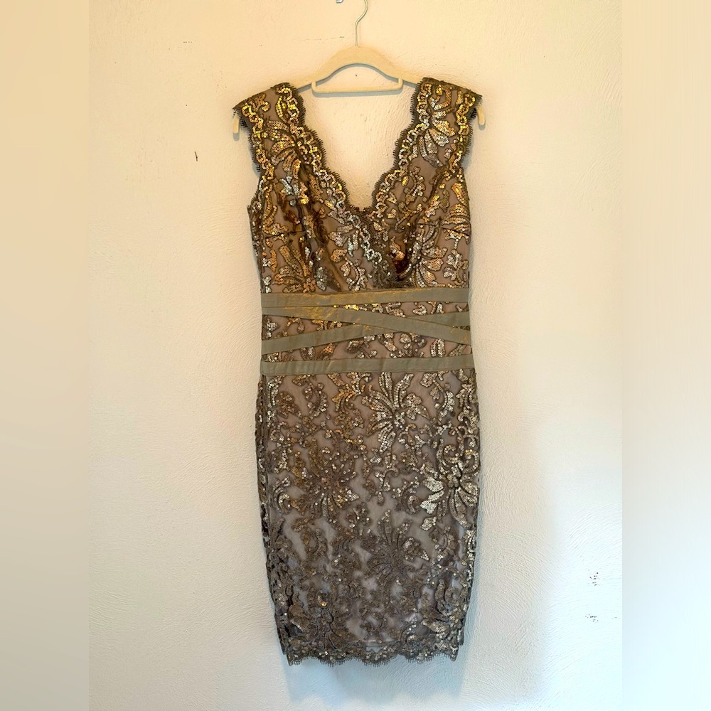 Tadashi Shoji Metallic Sheath Dress - bronze, size 8